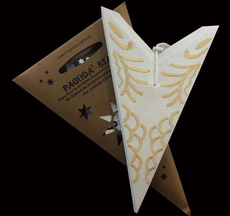 KARMA weiß/gold - Faltbarer Leuchtstern, Weihnachtsstern aus Papier, bestickt mit 7 Zacken, 60 cm